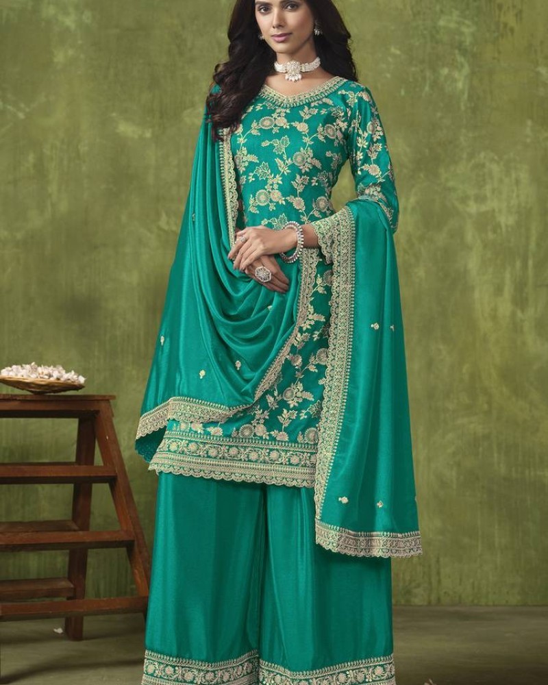 Dola silk sea embroidered trendy semi stiched salwar kameez semi stitched - Alternate view 3 showing sea-green color