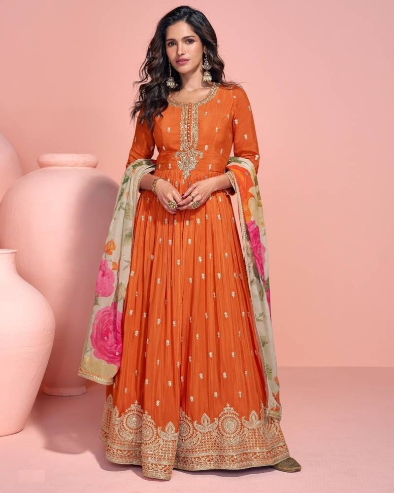embroidered chinon free size anarkali suit semi stitched - Alternate view 2 showing orange color