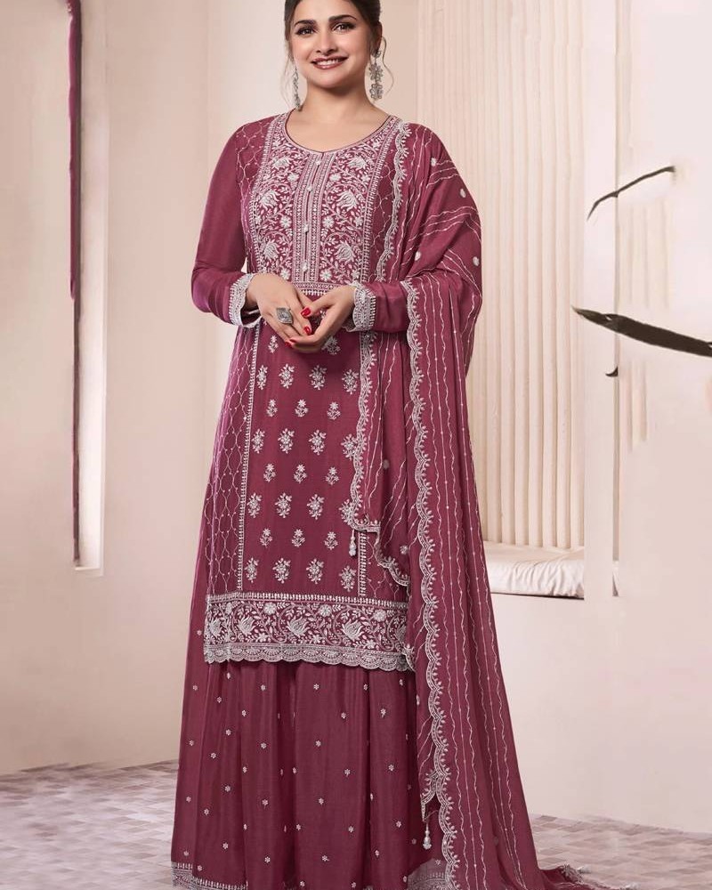 chinon silk thread embroidered sharara suit semi stitched - Alternate view 4 showing onion-pink color